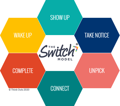 A diagram representing the Switch Model - 6 hexagons representing the 6 elements of the model, named Wake Up, Show Up, Take Notice, Unpick, Connect and Complete